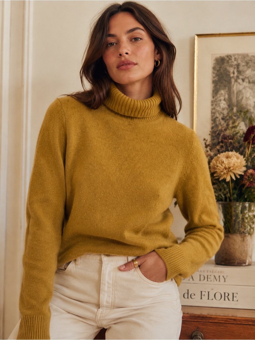 Lambswool Mustard Ochre Ribbed Turtleneck Sweater Large